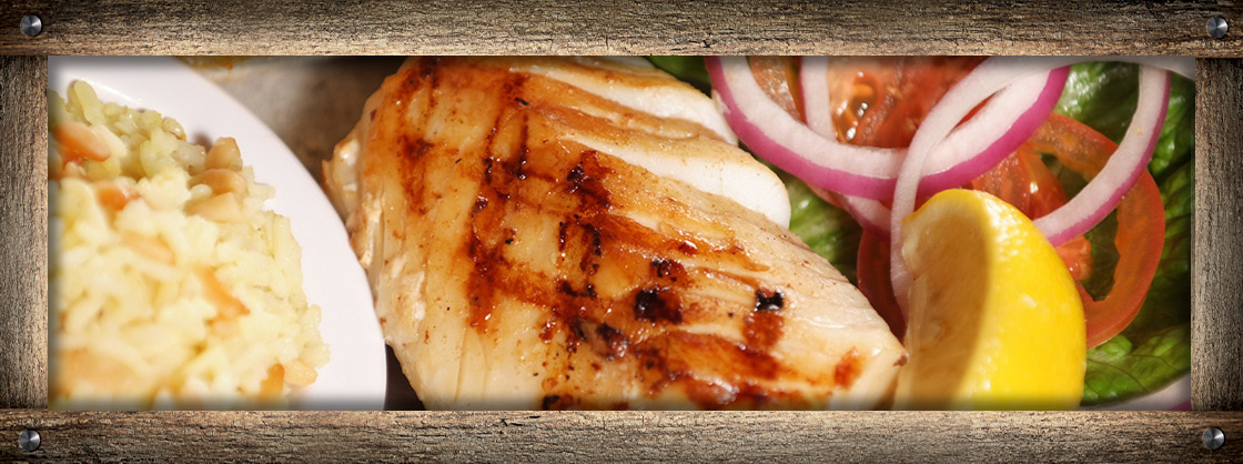 rice, grilled salmon, and garden salad